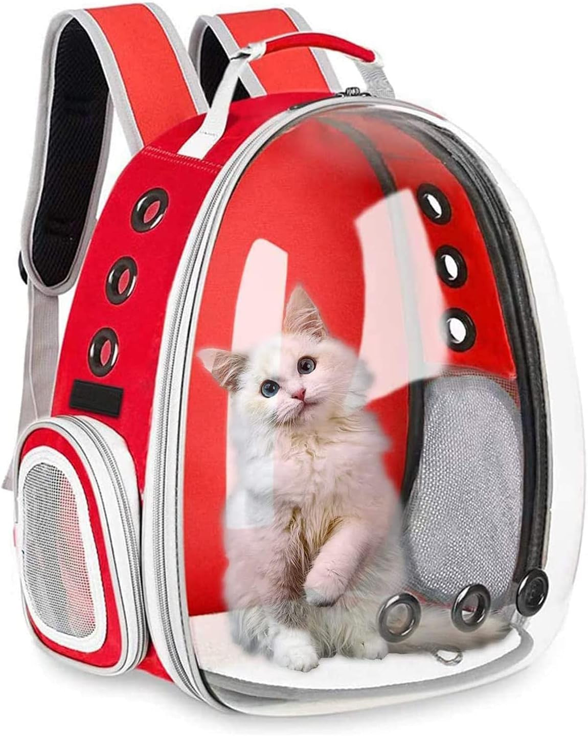 Cat and Small Dog Backpack Carrier - Airline Approved Space Capsule Bubble Design, Ventilated Transparent Travel Carrier for Hiking and Outdoor Adventures - Red