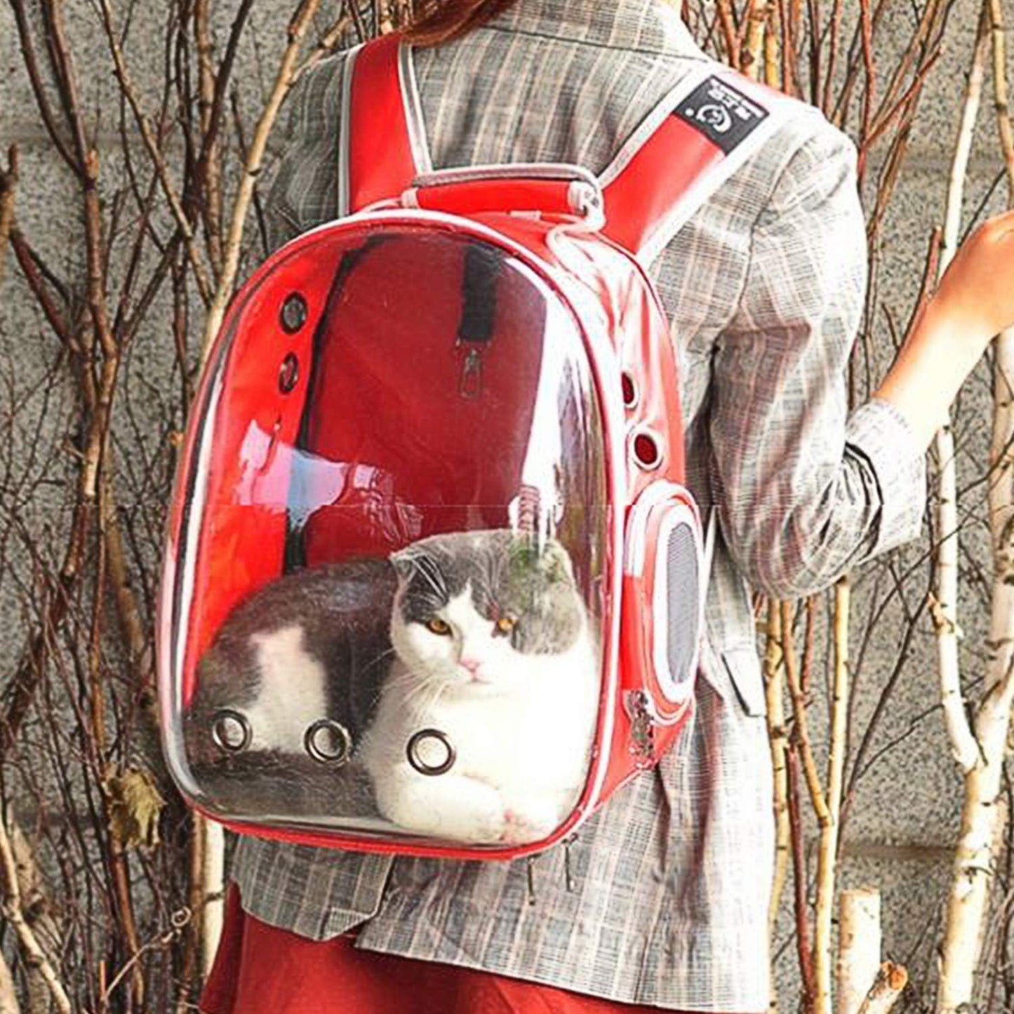 Cat and Small Dog Backpack Carrier - Airline Approved Space Capsule Bubble Design, Ventilated Transparent Travel Carrier for Hiking and Outdoor Adventures - Red