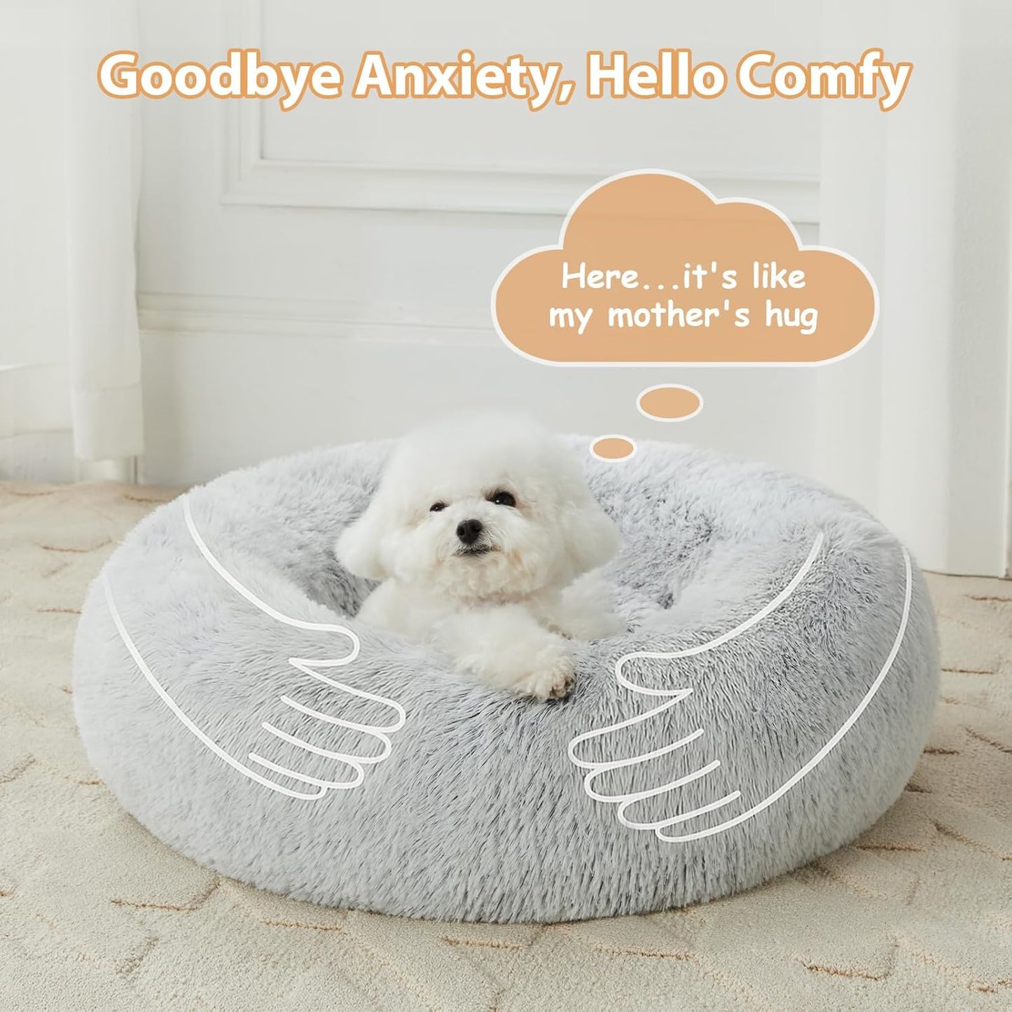 Self-Warming Donut Pet Bed for Dogs and Cats, Faux Fur Plush Cuddler, 24 x 24 Inch, Light Grey