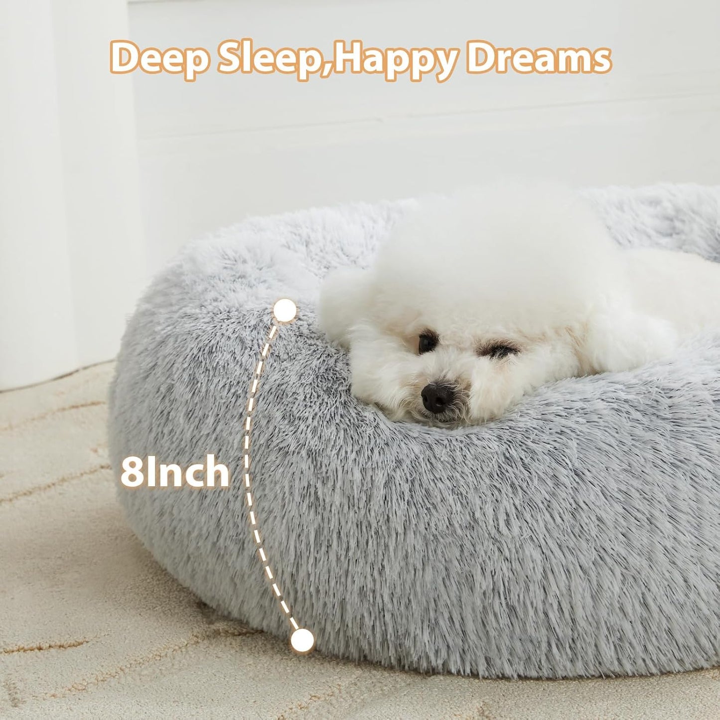 Self-Warming Donut Pet Bed for Dogs and Cats, Faux Fur Plush Cuddler, 24 x 24 Inch, Light Grey