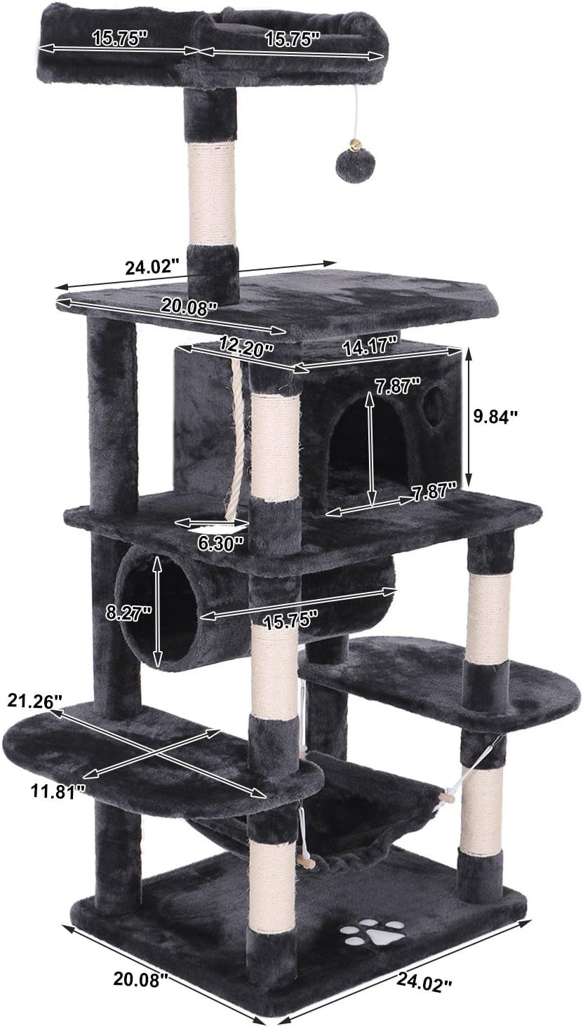 Cat Tree Condo - Multi-Level Activity Tower with Sisal Scratching Posts, Perch, Hammock, and Tunnel in Grey MMJ02H