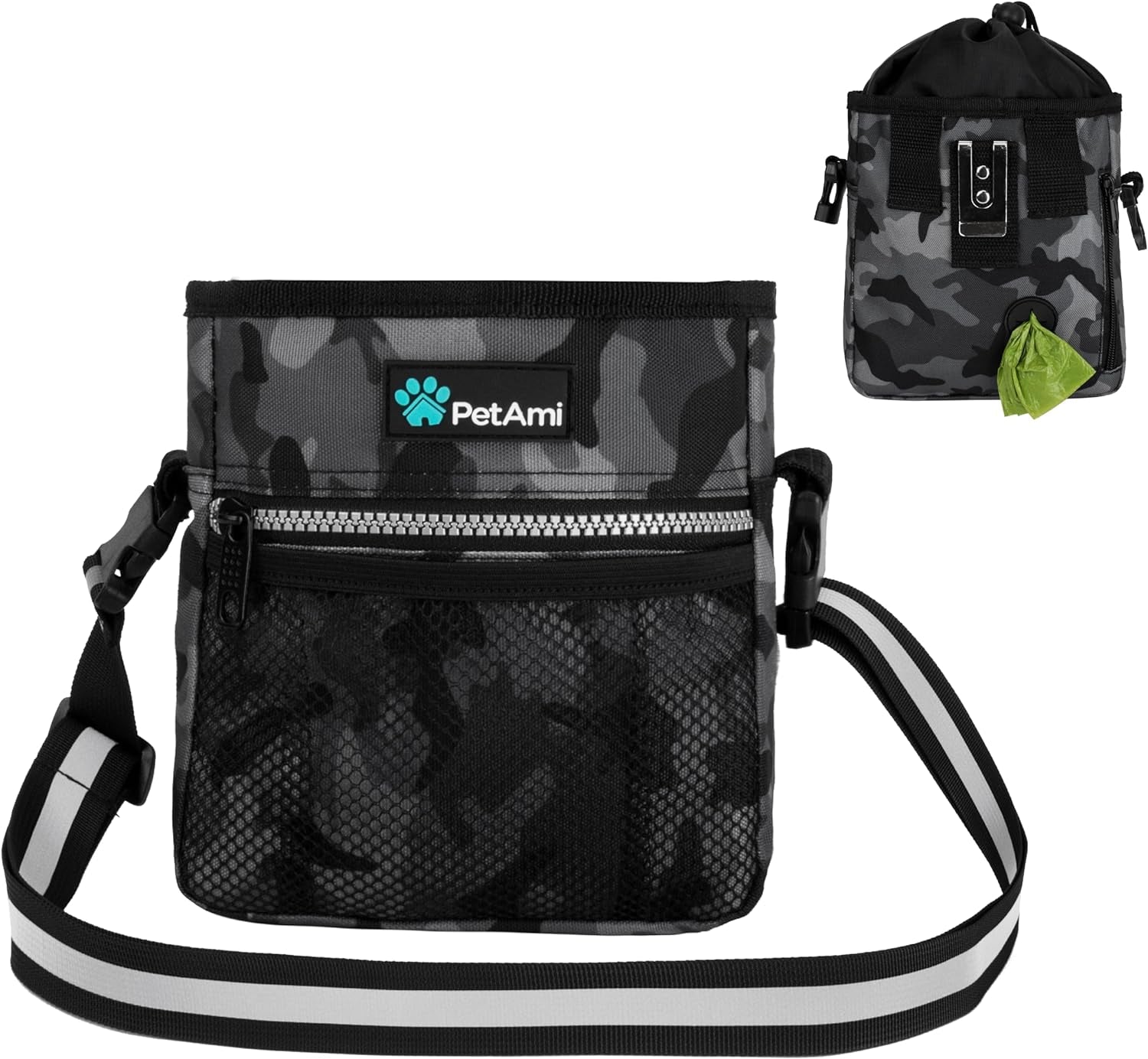 Dog Treat Pouch - Versatile Training and Walking Bag for Kibbles, Toys, and Essentials with Poop Bag Dispenser, 3 Wear Options (Camo Black)