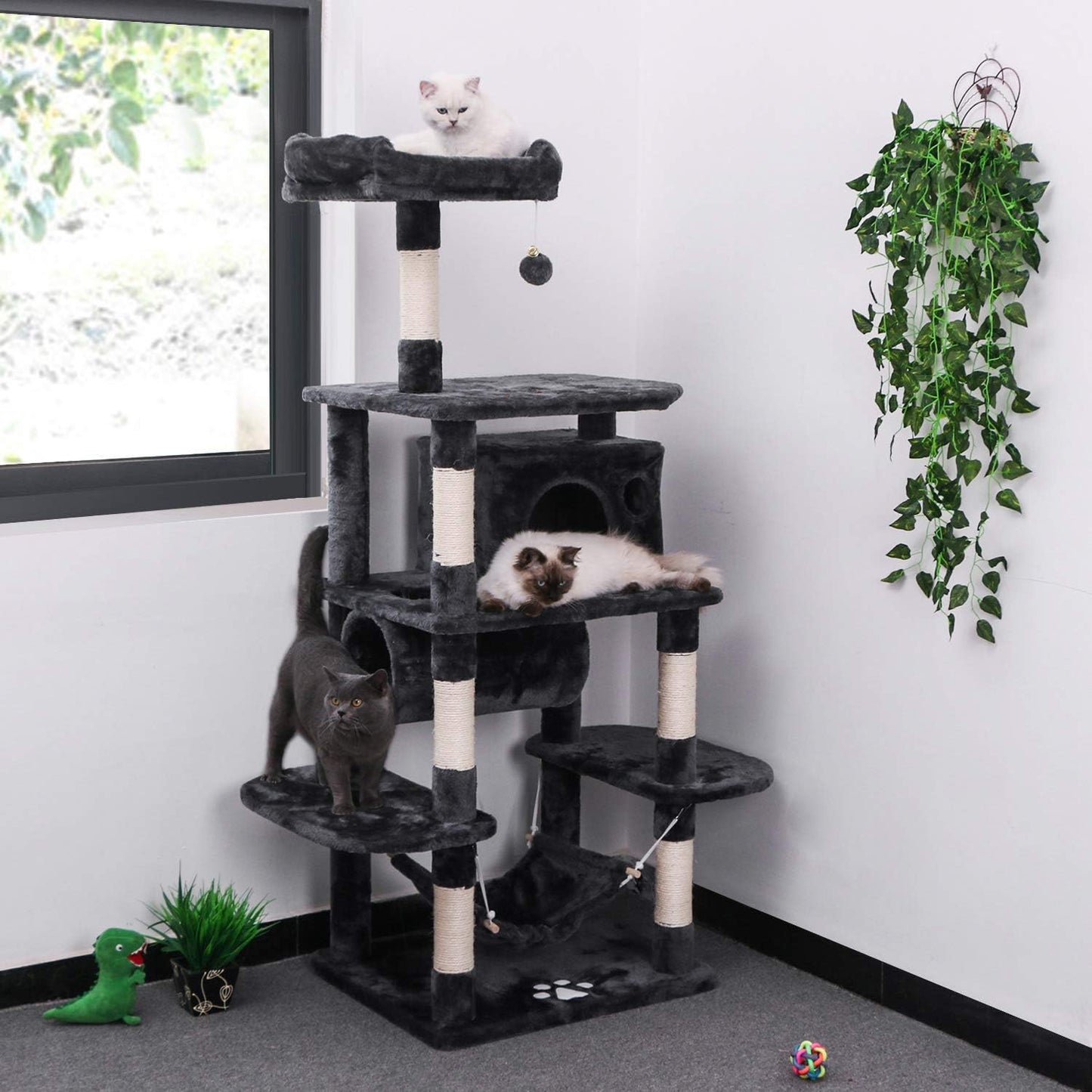 Cat Tree Condo - Multi-Level Activity Tower with Sisal Scratching Posts, Perch, Hammock, and Tunnel in Grey MMJ02H