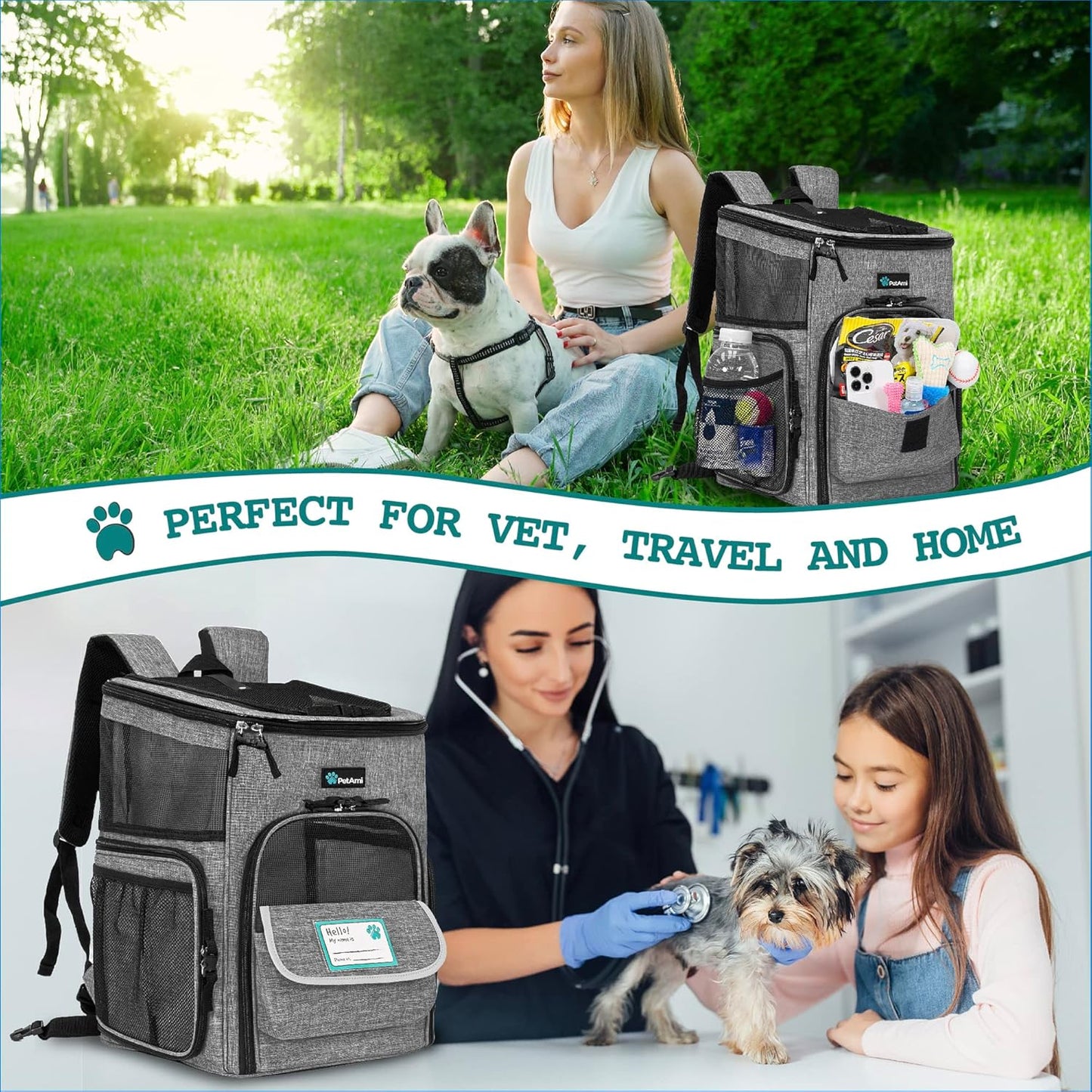 Airline Approved Dog and Cat Backpack Carrier, Soft-Sided and Ventilated for Travel, Hiking, and Camping, Supports Pets up to 18 lbs, Heather Gray