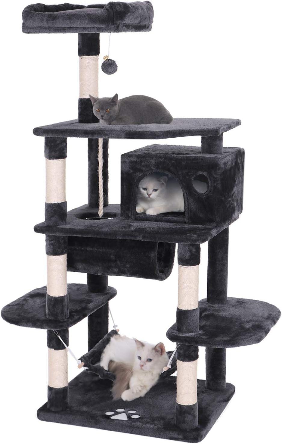 Cat Tree Condo - Multi-Level Activity Tower with Sisal Scratching Posts, Perch, Hammock, and Tunnel in Grey MMJ02H