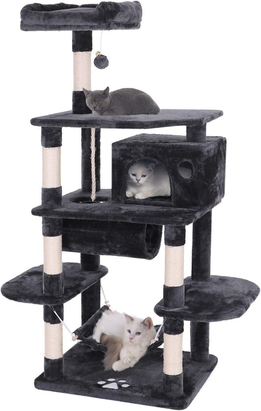 Cat Tree Condo - Multi-Level Activity Tower with Sisal Scratching Posts, Perch, Hammock, and Tunnel in Grey MMJ02H