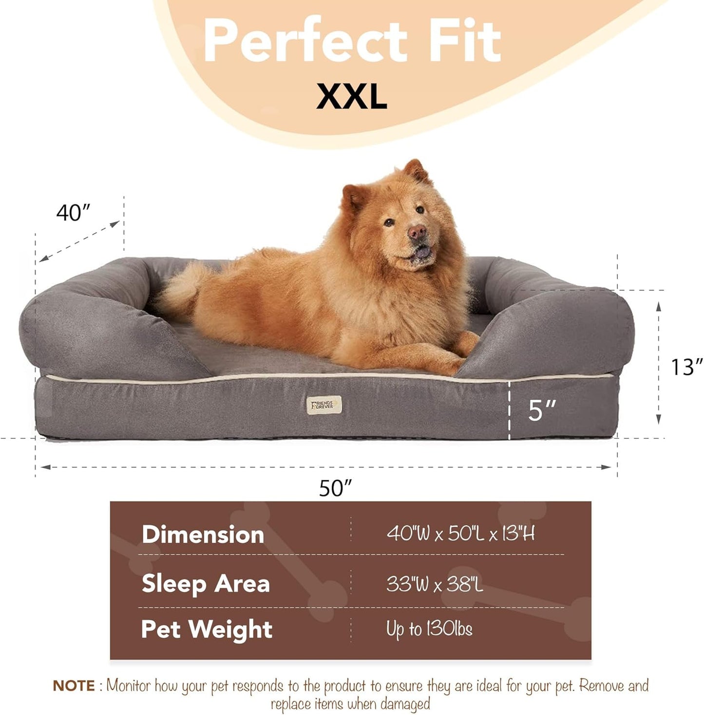 Chester Extra Large Orthopedic Memory Foam Dog Bed with Calming Couch Design, Wall Rim Pillow, Water-Resistant Liner, Washable Cover, and Non-Slip Bottom in Grey