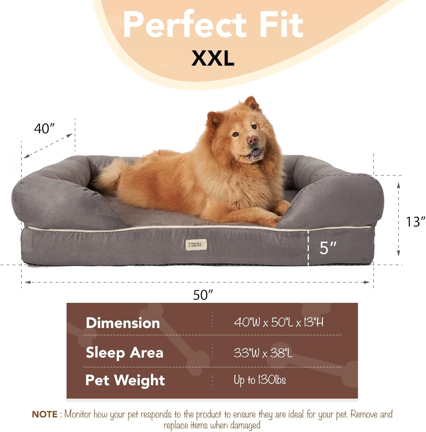 Chester Extra Large Orthopedic Memory Foam Dog Bed with Calming Couch Design, Wall Rim Pillow, Water-Resistant Liner, Washable Cover, and Non-Slip Bottom in Grey