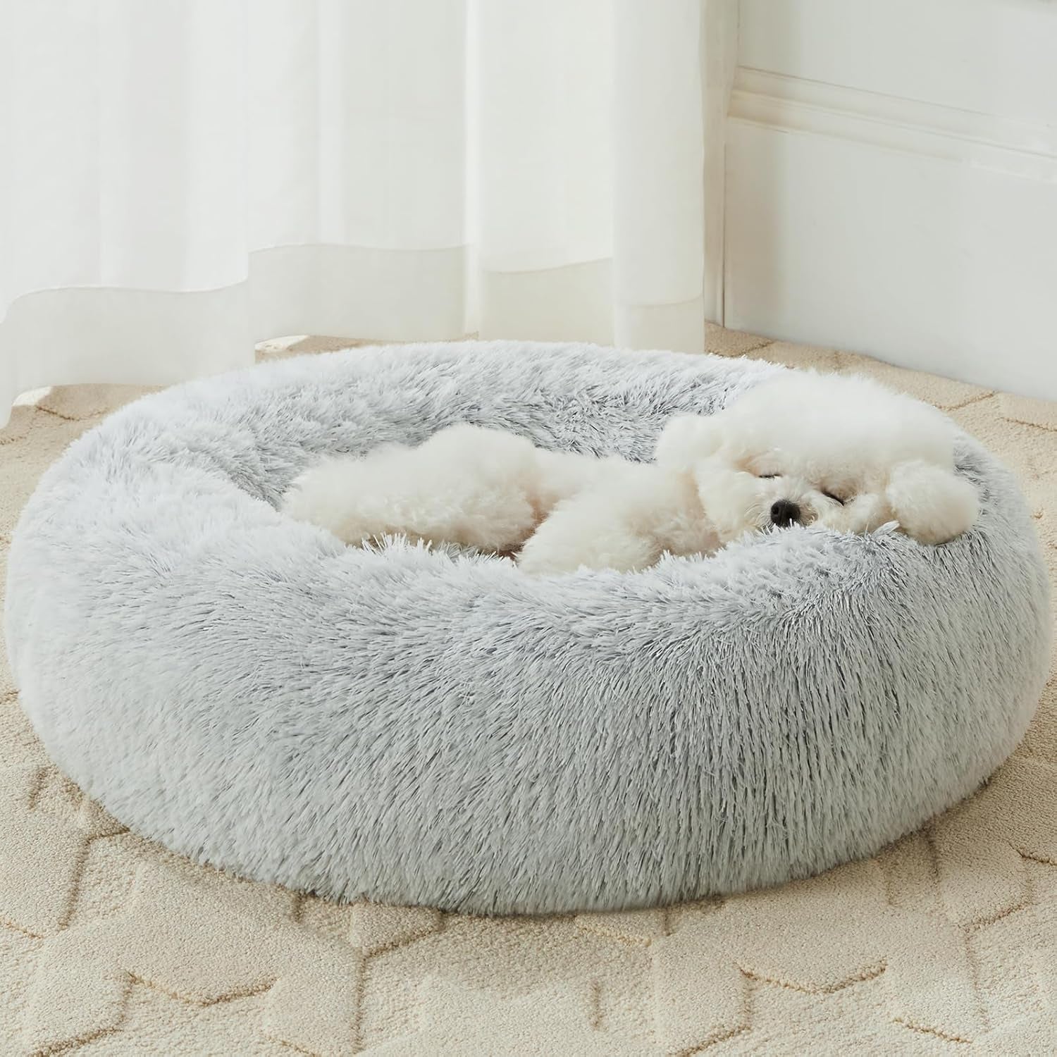 Self-Warming Donut Pet Bed for Dogs and Cats, Faux Fur Plush Cuddler, 24 x 24 Inch, Light Grey