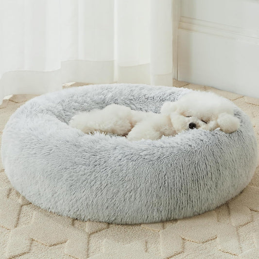 Self-Warming Donut Pet Bed for Dogs and Cats, Faux Fur Plush Cuddler, 24 x 24 Inch, Light Grey