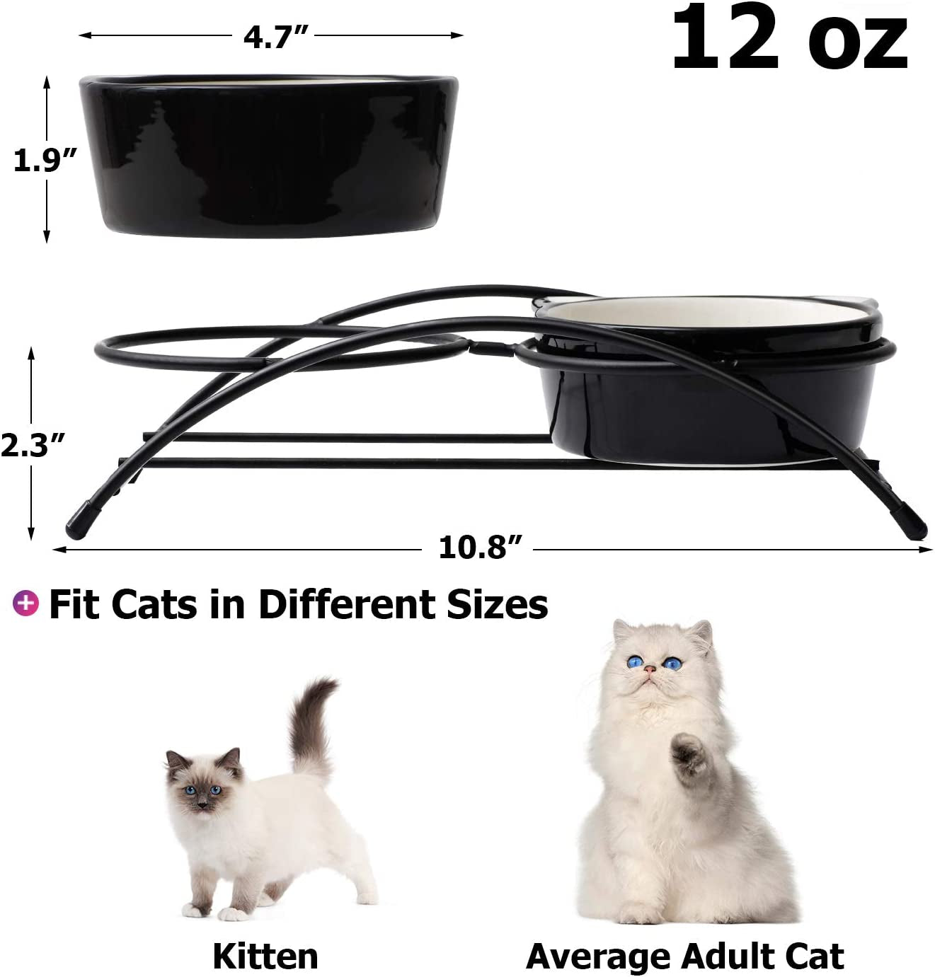 Elevated Ceramic Cat Bowls for Food and Water - 12 Ounce Capacity, Dishwasher Safe, Ideal for Cats and Small Dogs
