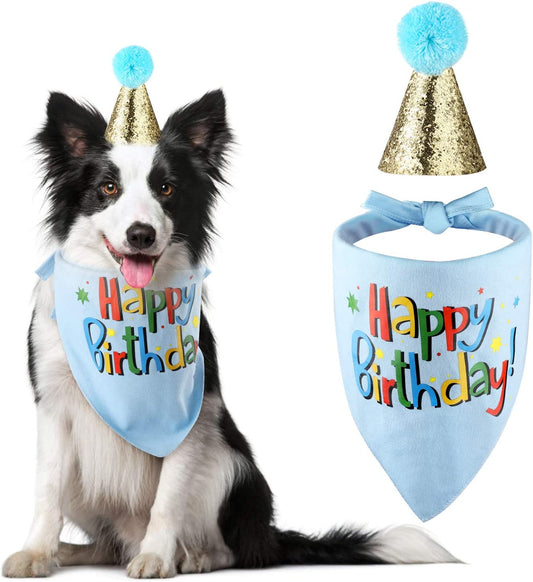 Dog Birthday Bandana and Hat Set for Boys - Party Supplies (Blue)