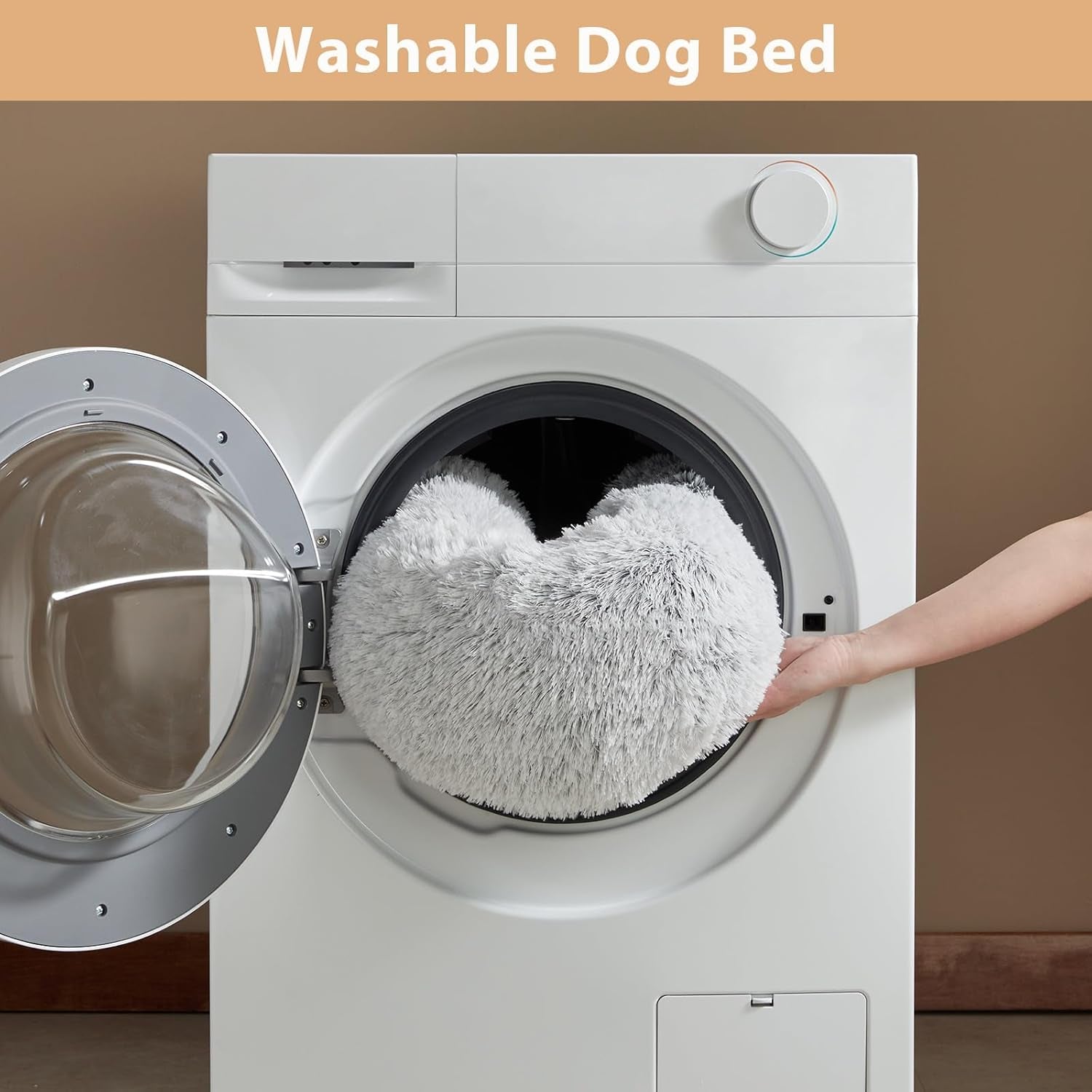 Self-Warming Donut Pet Bed for Dogs and Cats, Faux Fur Plush Cuddler, 24 x 24 Inch, Light Grey