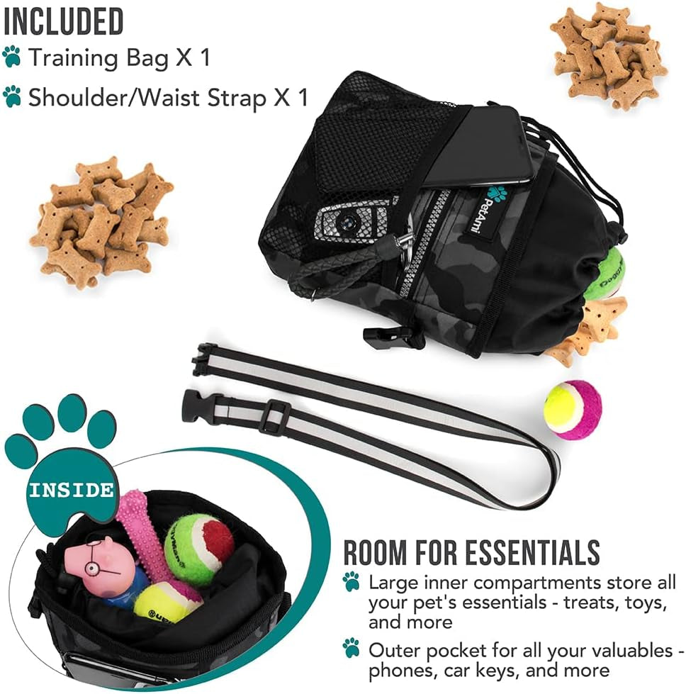 Dog Treat Pouch - Versatile Training and Walking Bag for Kibbles, Toys, and Essentials with Poop Bag Dispenser, 3 Wear Options (Camo Black)