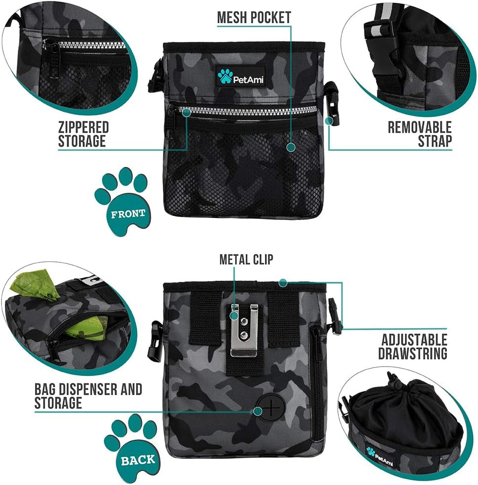 Dog Treat Pouch - Versatile Training and Walking Bag for Kibbles, Toys, and Essentials with Poop Bag Dispenser, 3 Wear Options (Camo Black)