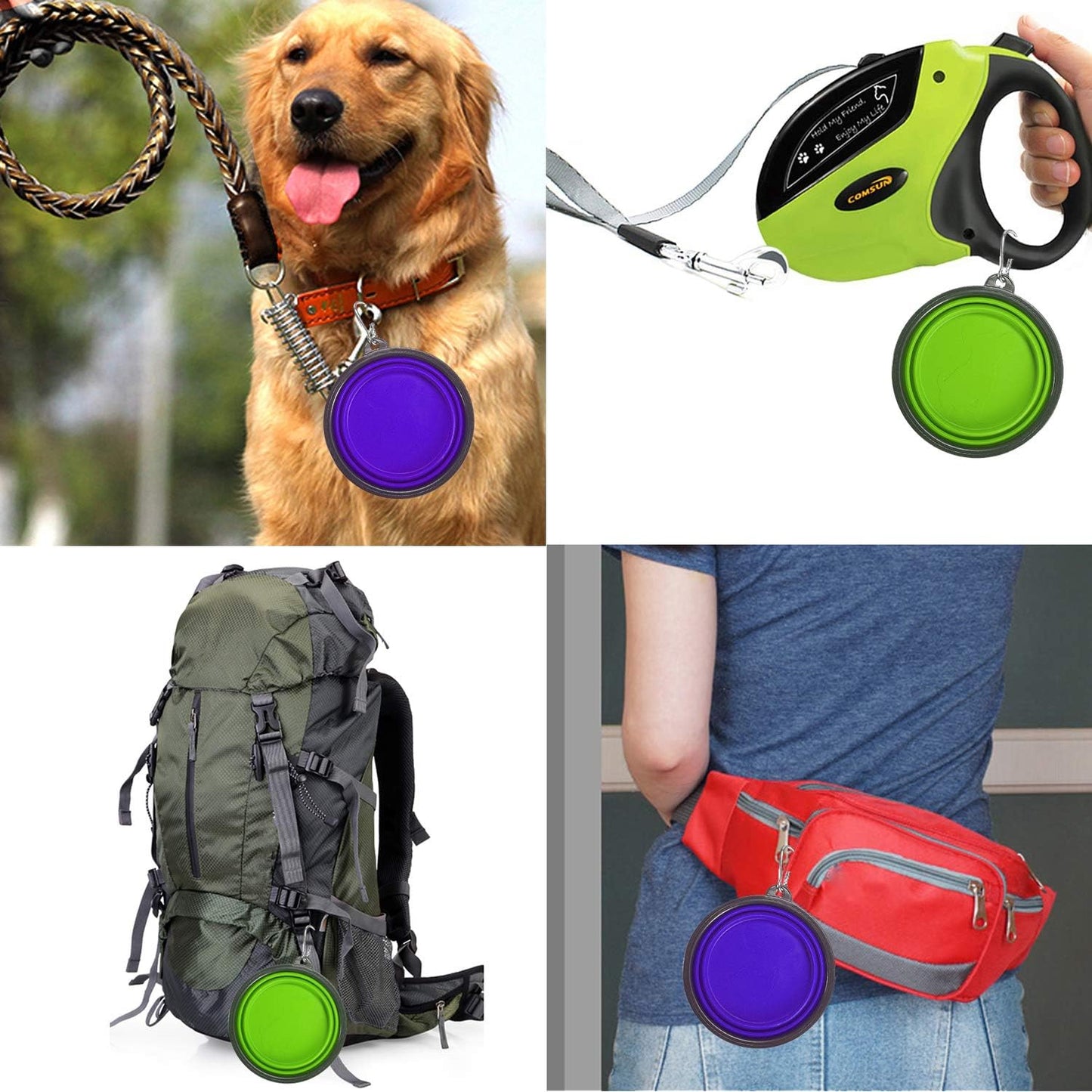 2-Pack Portable Collapsible Dog Bowls for Food and Water - Foldable Expandable Travel Cups in Blue and Green