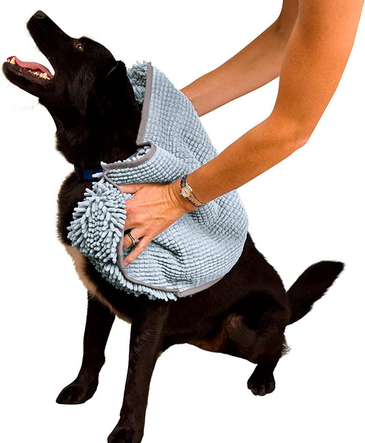 Soggy Doggy Super Shammy Microfiber Chenille Towel for Dogs - Fast-Drying Pet Towel with Hand Pockets for Convenient Drying and Paw Cleaning (Gray, 31” x 14”)