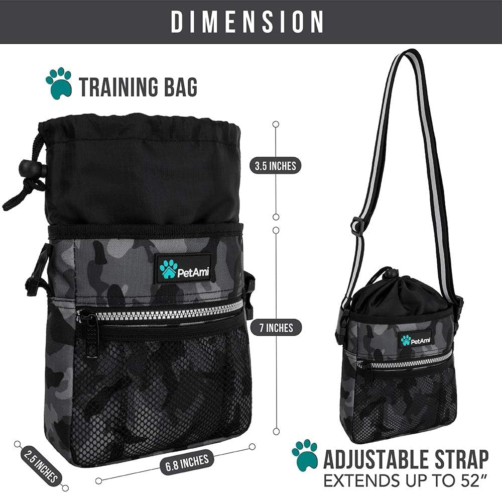 Dog Treat Pouch - Versatile Training and Walking Bag for Kibbles, Toys, and Essentials with Poop Bag Dispenser, 3 Wear Options (Camo Black)