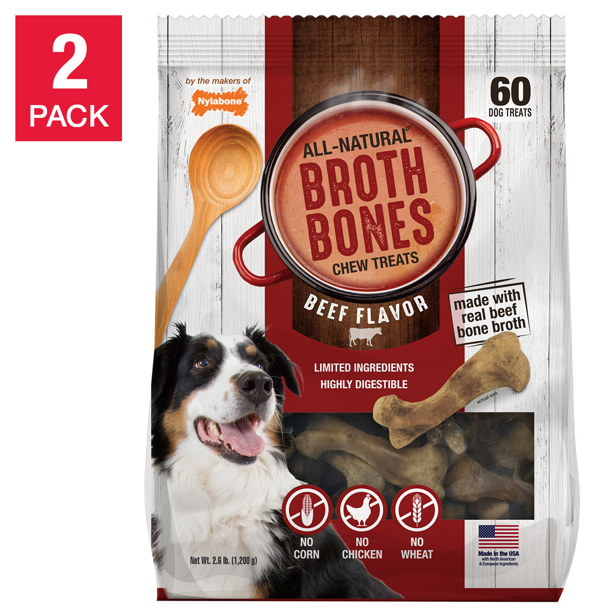 Broth Bones Natural Edible Dog Chews, 60-Count, 2-Pack