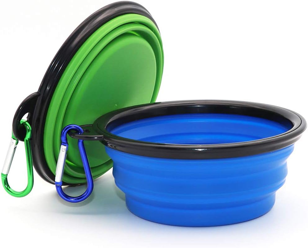 2-Pack Portable Collapsible Dog Bowls for Food and Water - Foldable Expandable Travel Cups in Blue and Green