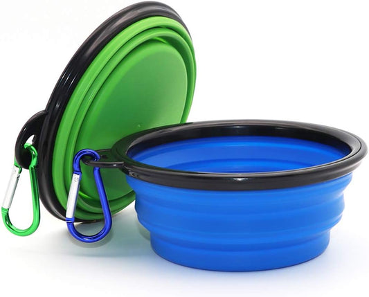 2-Pack Portable Collapsible Dog Bowls for Food and Water - Foldable Expandable Travel Cups in Blue and Green