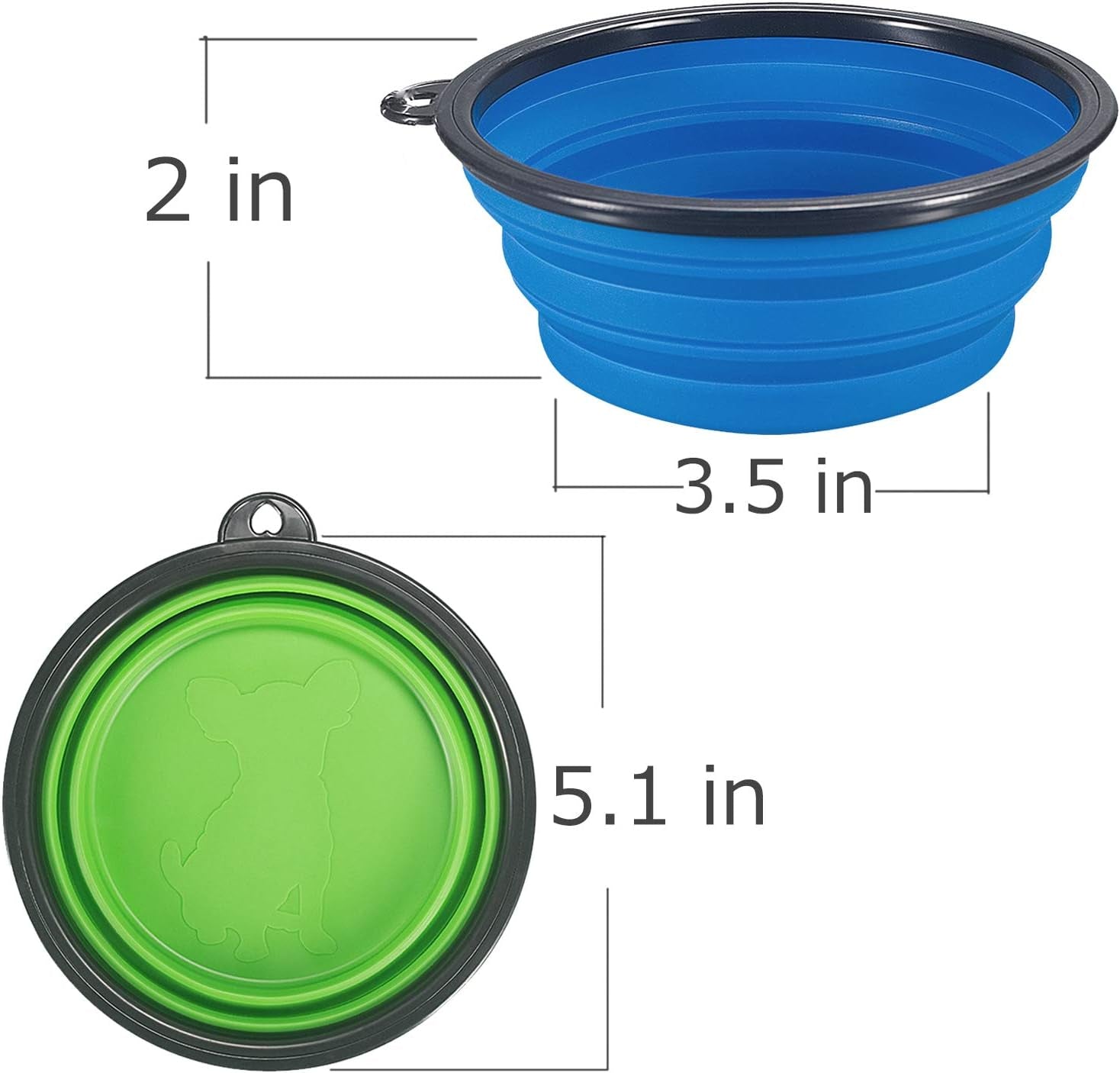 2-Pack Portable Collapsible Dog Bowls for Food and Water - Foldable Expandable Travel Cups in Blue and Green